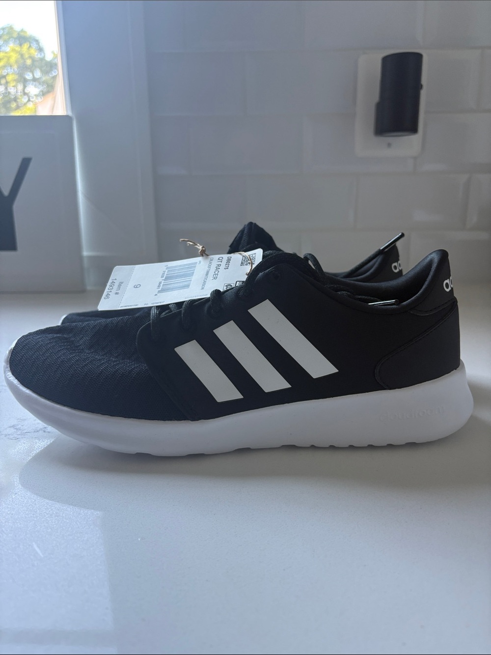 NWT Adidas Women’s Black cloudfoam comfort Athletic Shoes with White Stripes